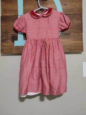 Papo d'Anjo Red Gingham Puff Sleeves Peter pan Collar Silk Heritage Dress 5Y